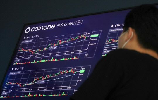 23일 오전 국내 암호화폐 거래소 빗썸에서 비트코인은 24시간 전 대비 3.75% 오른 5399만2000원을 기록했다. 또 다른 암호화폐 거래소 업비트에선 전날 오전 9시보다 6.51% 상승한 5400만2000원에 거래됐다. 이날 오전 서울 용산구 코인원 고객센터 모니터에 표시된 비트코인, 이더리움 등 가상화폐 시세 현황. <연합뉴스>